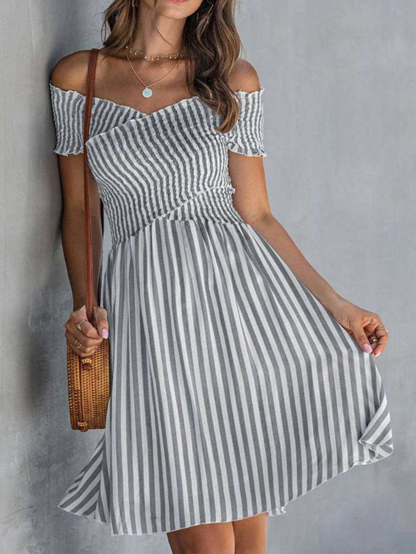 Women's Off Shoulder Striped Maxi Dress Slim Fit Summer Vacation Dress