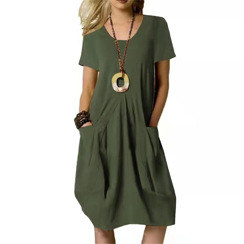 Women's Cotton Linen Loose Midi Dress Casual Short Sleeve Pocket Shift Dress - Seldom Seen Styles