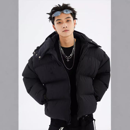 Women's American Street Masked Neckline Hooded Puffer Cotton Jacket Thickened Oversized Winter Coat Unisex Couple | Mask Hood Puffer