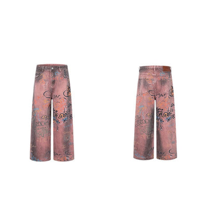 Letter Graffiti Design Loose Straight Denim Trousers Retro American Niche Streetwear Casual Spring Summer Jeans | Letter Drift