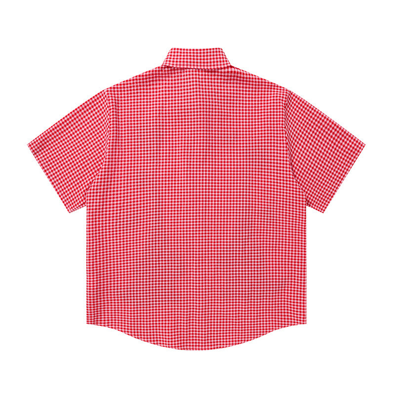 Graphic Dog Giraffe Print Plaid Shirt Short Sleeve Oversized Button Down Casual Summer Streetwear Shirt | Pup Plaid Shirt
