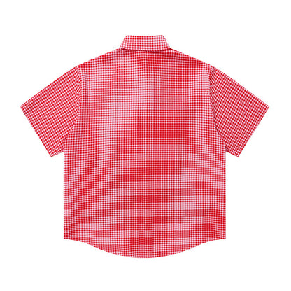 Graphic Dog Giraffe Print Plaid Shirt Short Sleeve Oversized Button Down Casual Summer Streetwear Shirt | Pup Plaid Shirt