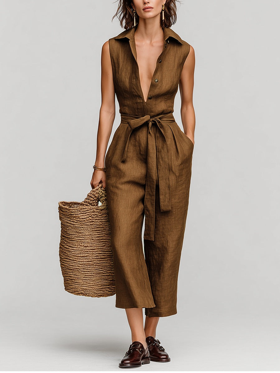 Women's Linen Blend Sleeveless V-Neck Belted Jumpsuit Casual Summer Vacation Outfit - Seldom Seen Styles