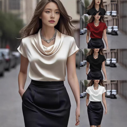 Women's Satin Drape Short Sleeve French Shirt Elegant Casual Summer Vacation Blouse