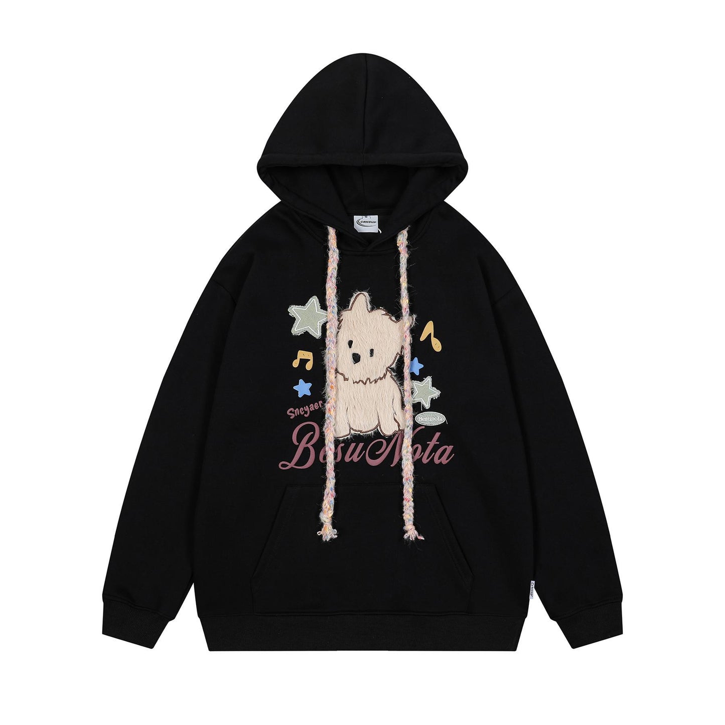 Fluffy Puppy Embroidered Fleece Hoodie Loose Fit Lazy Style Couple Casual High Street Streetwear Pullover | Fluffy Pup Hoodie