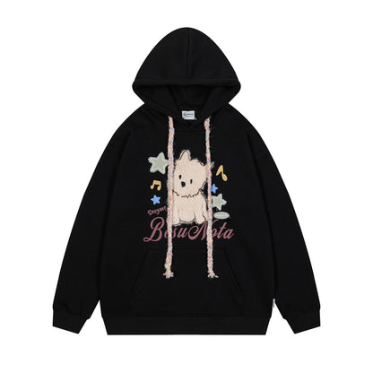Fluffy Puppy Embroidered Fleece Hoodie Loose Fit Lazy Style Couple Casual High Street Streetwear Pullover | Fluffy Pup Hoodie