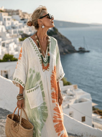 Women's Boho Linen Maxi Dress Oversized Kaftan Beach Cover Up Vacation Resort Dress