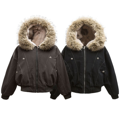 TALISHKO Faux Fur Lined Zip Up Winter Hooded Bomber Jacket