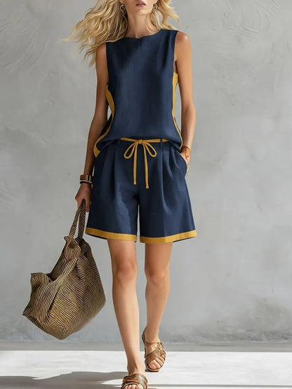 Women's Sleeveless Two Piece Shorts Set Casual Summer Outfit Drawstring Shorts Lounge Set Resort Wear Matching Set
