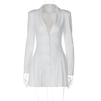 Neuer einfarbiger, sexy, dunkler V-Anzug, Hals-Cardigan im Royal Sister Style, kurzes Kleid mit Rüschensaum für Damen