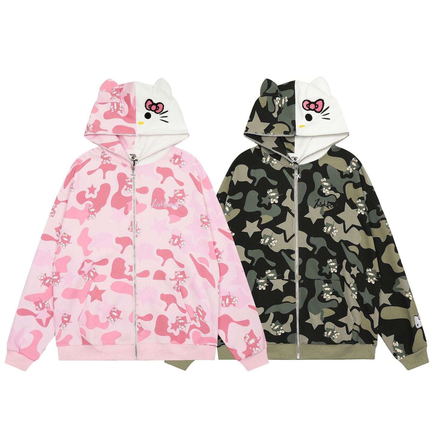 Women's American Original Hello Kitty Ear Camo Print Hooded Zip Cardigan Sweater Jacket Cute Casual | Kitty Camo Hood