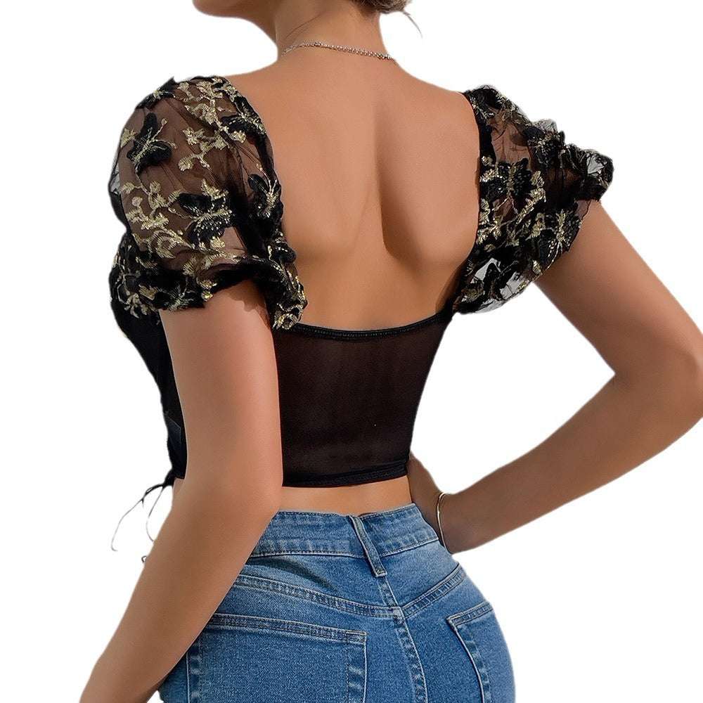 Embroidery Sweetheart Neck Short Sleeve Lace Trim Blouse - Seldom Seen Styles