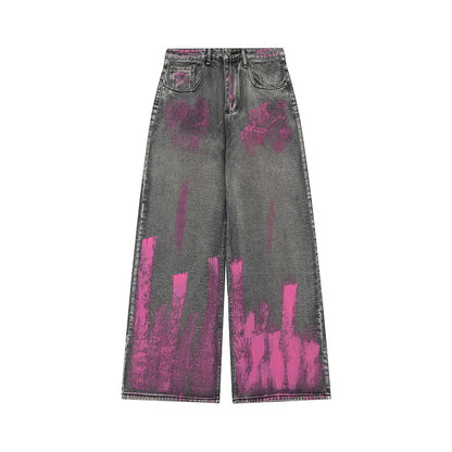 DARKAGE Vintage Washed Mud-Dyed Pink Paint Wide-Leg Jeans