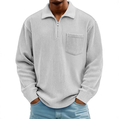 Men's Ribbed Quarter Zip Pullover Sweater Casual Long Sleeve Knit Polo Sweatshirt with Pocket