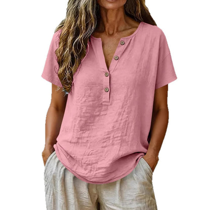 Women's V-Neck Button Up Short Sleeve Solid Color Relaxed Fit Casual Summer Vacation Top