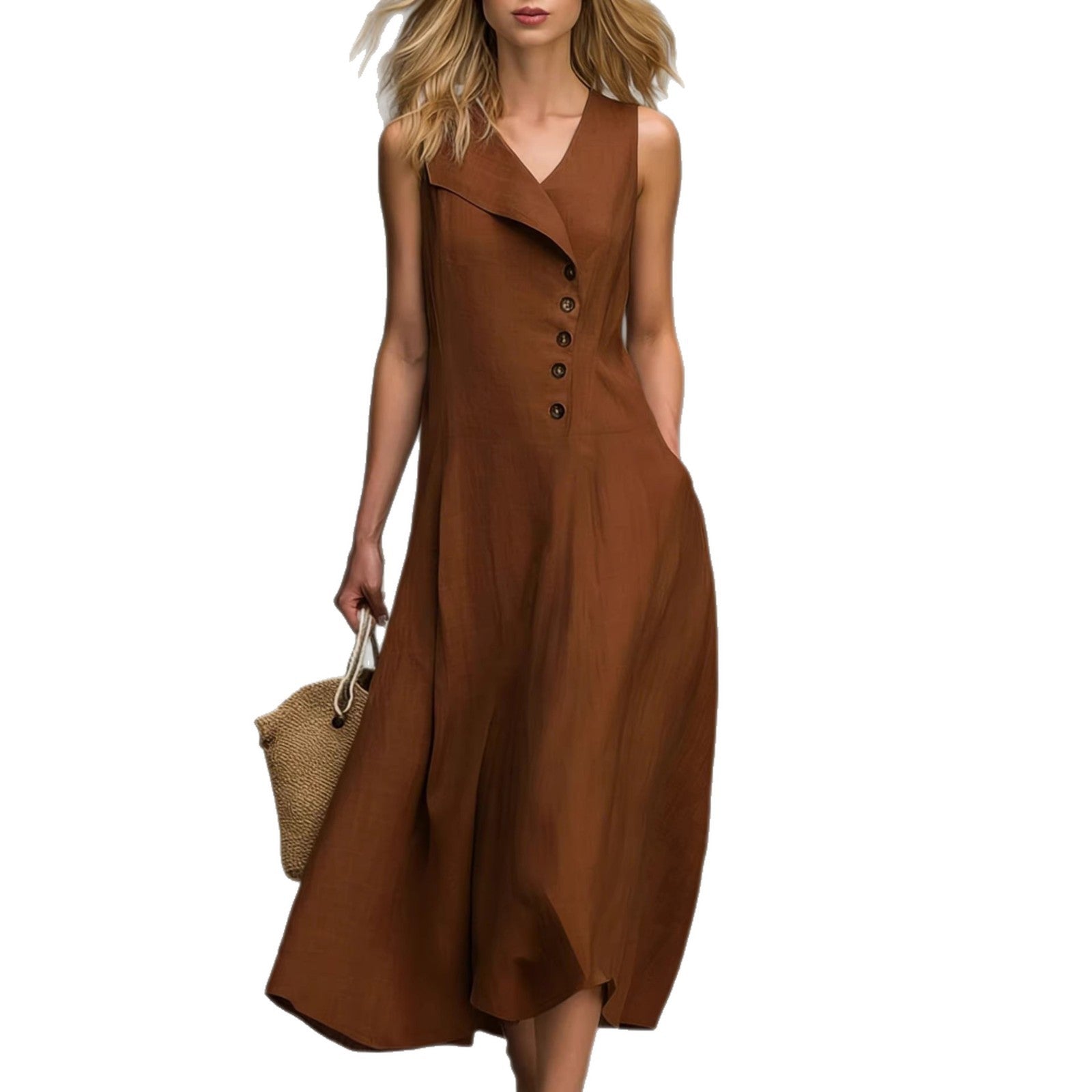 Women's Sleeveless Linen Midi Dress Button Front Lapel V Neck Casual A Line Summer Dress with Pockets - Seldom Seen Styles