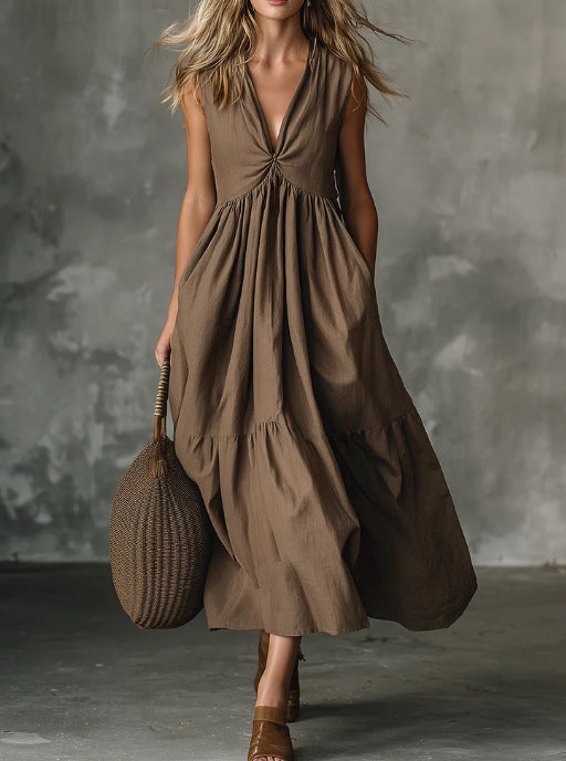 Women's Solid Color Sleeveless V-Neck Dress Elegant Casual Summer Vacation Midi Dress - Seldom Seen Styles