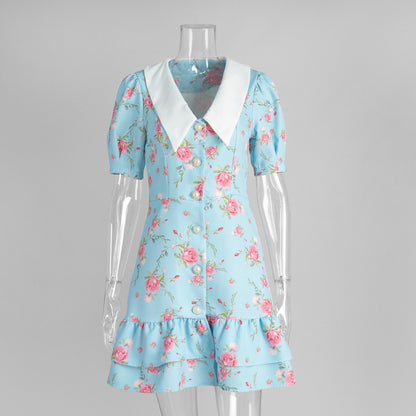 Französisches V-Ausschnitt-Kleid mit Bubikragenärmeln, Sommer-Taillendruck-Rockrüschenkleid