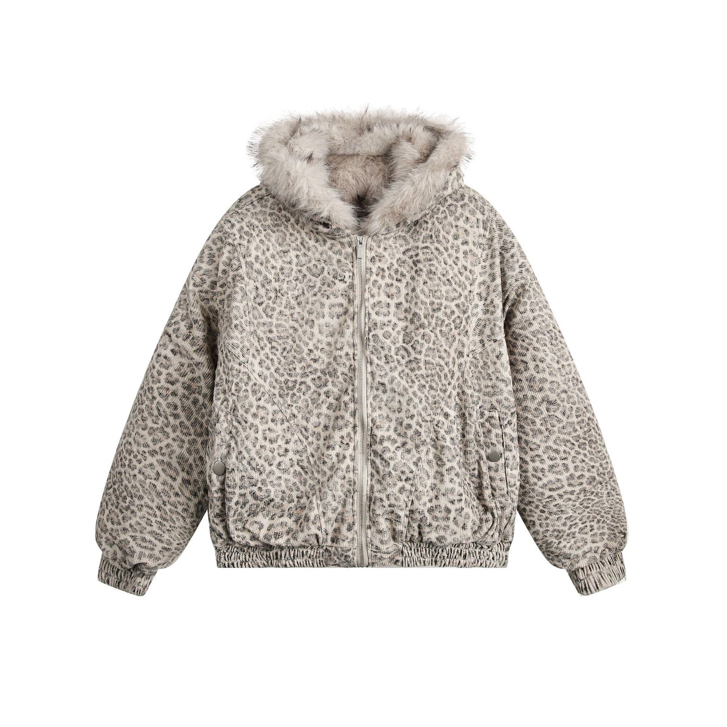 Retro Leopard Fur Collar Padded Bomber Jacket