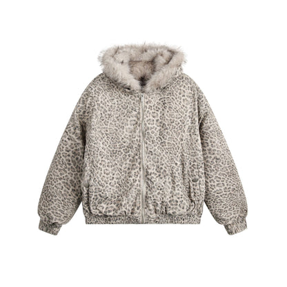 Retro Leopard Fur Collar Padded Bomber Jacket