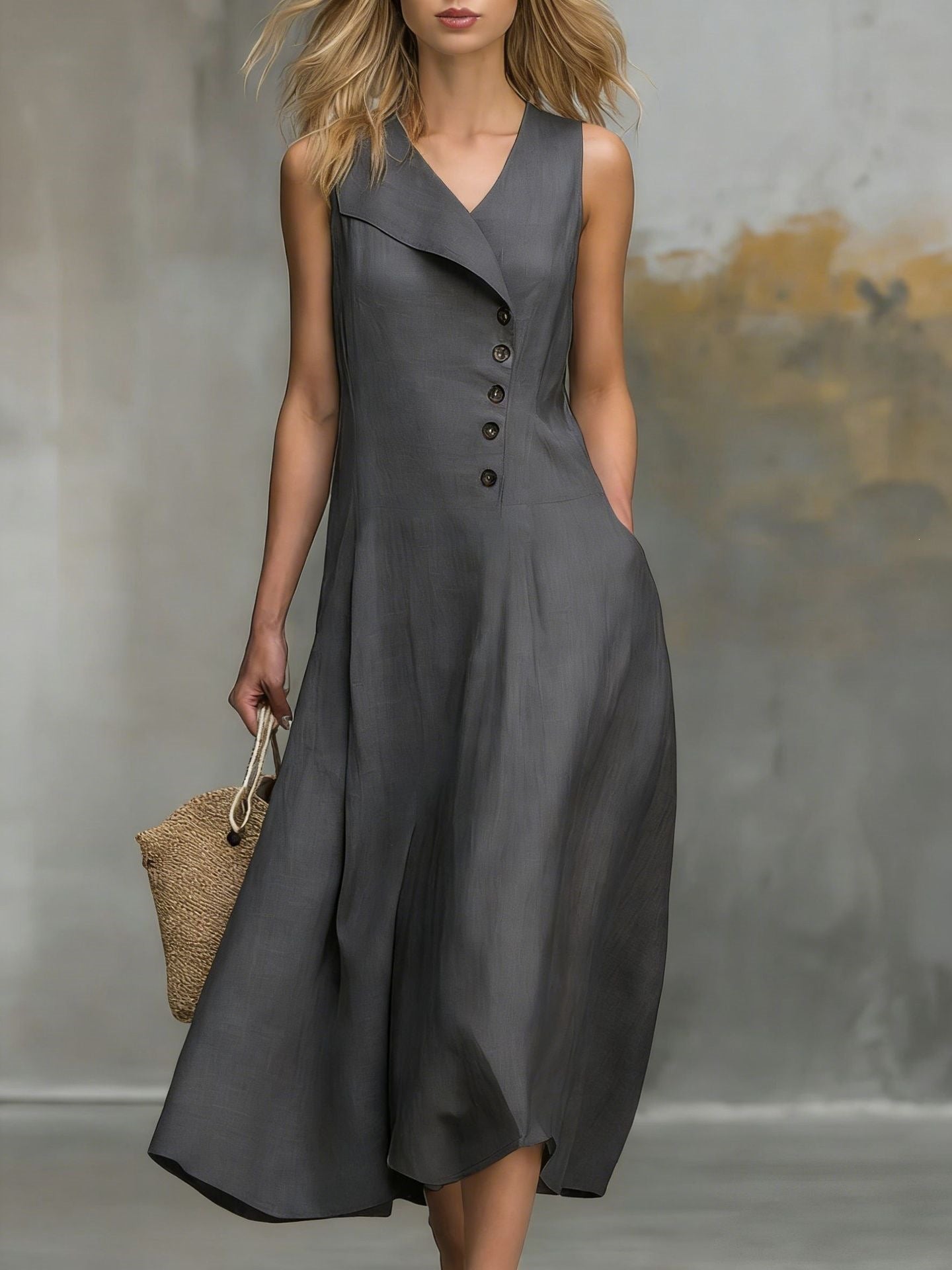 Women's Sleeveless Linen Midi Dress Button Front Lapel V Neck Casual A Line Summer Dress with Pockets - Seldom Seen Styles