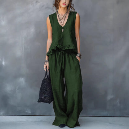 Women's V-Neck Sleeveless Ruffle Hem Casual Cover Up Top Loose Flowy Summer Vacation Outfit