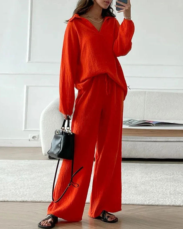 Long Sleeve Lapel Top Drawstring Pants Two-Piece Set - Seldom Seen Styles