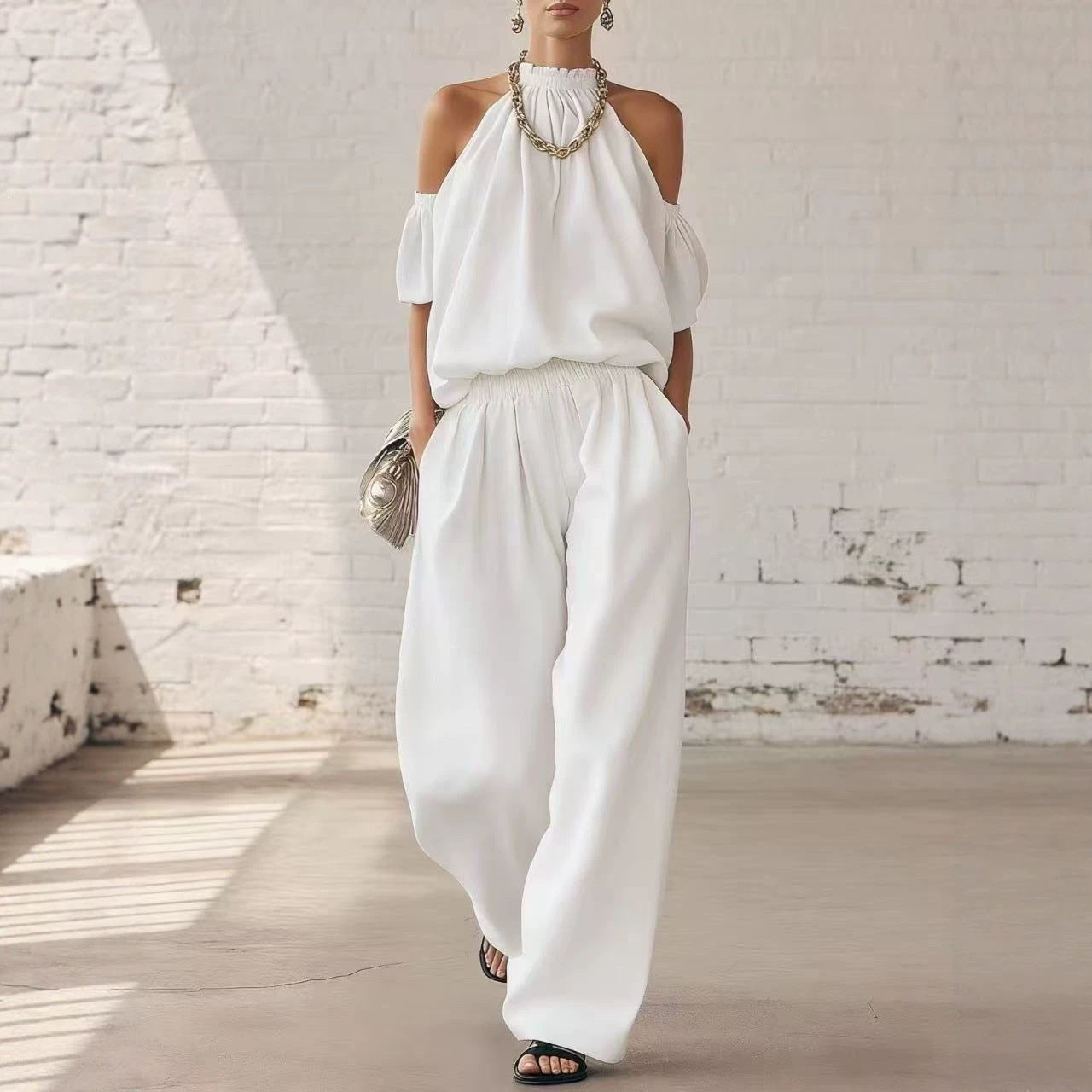 Women's Off Shoulder Top High Waist Wide Leg Pants Casual Two Piece Set Summer Vacation Outfit - Seldom Seen Styles