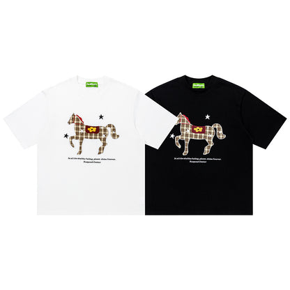 Plaid Horse Graphic Oversized T-Shirt Short Sleeve Crew Neck Casual Summer Streetwear Tee | Plaid Horse Tee