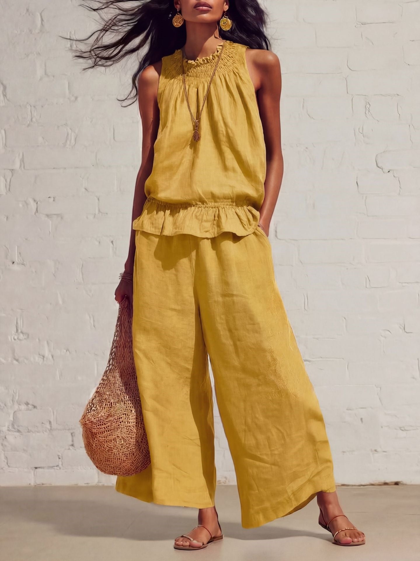 Women's Sleeveless Ruffle Wide Leg Pants Two Piece Set Cotton Linen Casual Summer Beach Outfit - Seldom Seen Styles