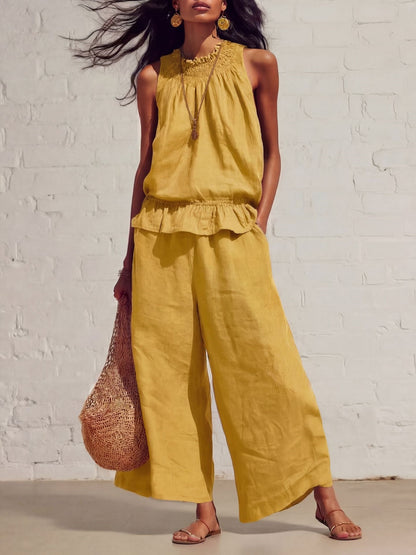 Women's Sleeveless Ruffle Wide Leg Pants Two Piece Set Cotton Linen Casual Summer Beach Outfit