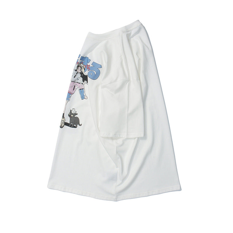 Crew Neck Short Sleeve Japanese Anime Girl Cat Graphic Print T-Shirt Loose Oversized Cyberpunk Streetwear Casual Summer Top | Hikō Girl