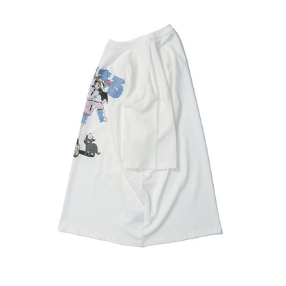 Crew Neck Short Sleeve Japanese Anime Girl Cat Graphic Print T-Shirt Loose Oversized Cyberpunk Streetwear Casual Summer Top | Hikō Girl
