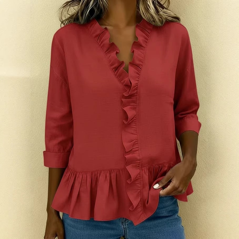 Women's Long Sleeve Ruffle Shirt Solid Color Casual Elegant Blouse Spring Summer Outfit - Seldom Seen Styles