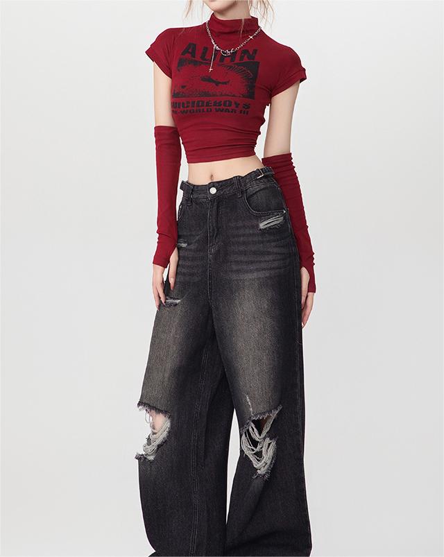 Women's Graphic Crop Top Y2K Slim Fit Mock Neck Streetwear Short Sleeve Tee with Arm Warmers - Seldom Seen Styles