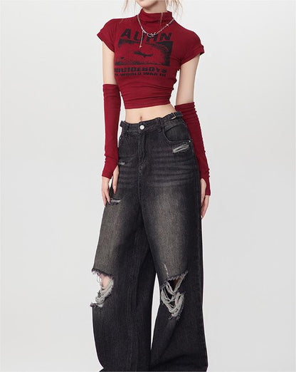 Women's Graphic Crop Top Y2K Slim Fit Mock Neck Streetwear Short Sleeve Tee with Arm Warmers