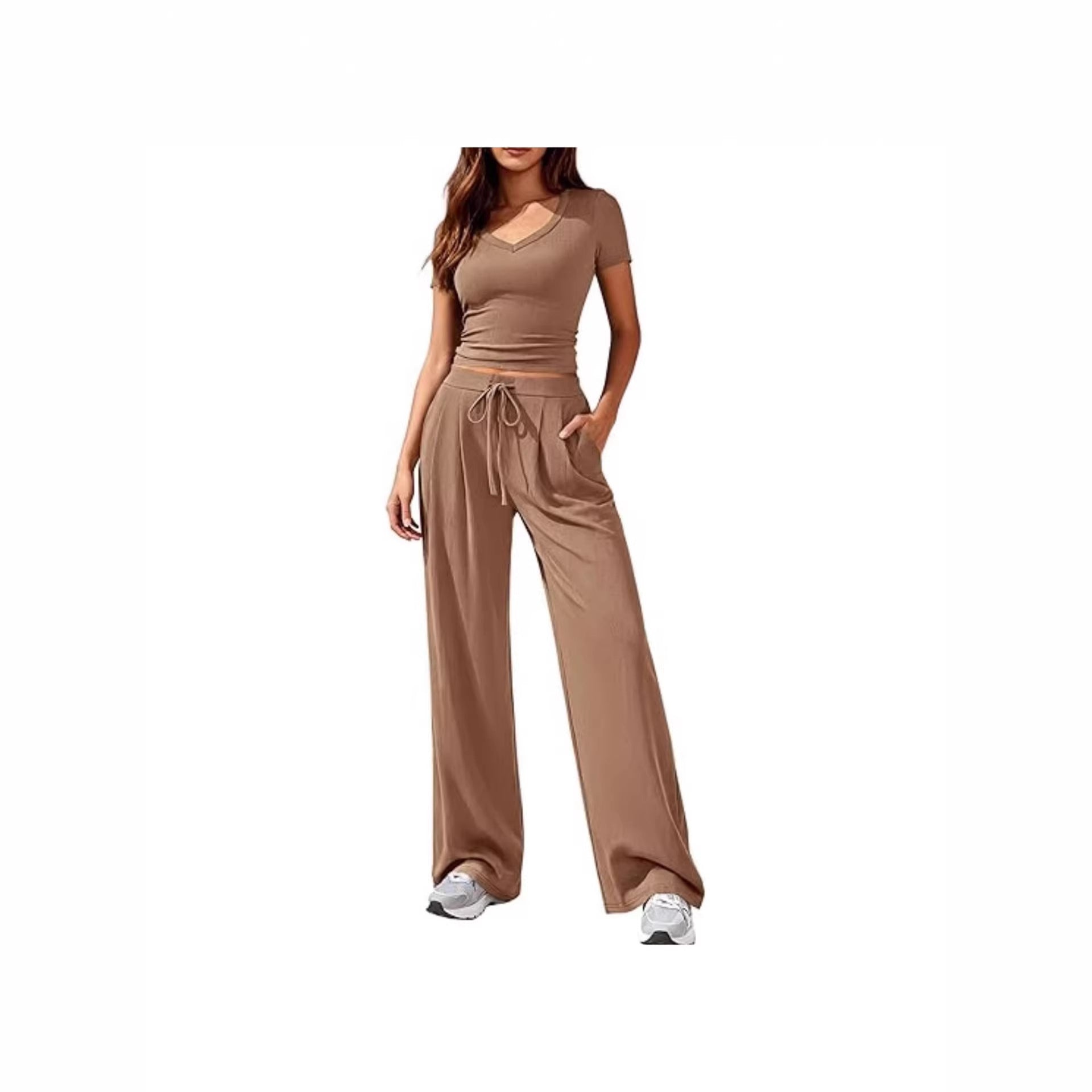Women's Solid Color V-Neck Top Wide Leg Trousers Two Piece Set Casual Summer Vacation Outfit - Seldom Seen Styles