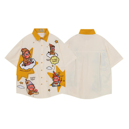 Short Sleeve Contrast Collar Cartoon Star Baby Print Shirt Loose Oversized Japanese Cute Retro Casual Couple Top | Star Baby
