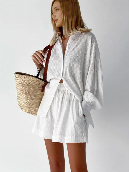 Women's Jacquard Bubble Sleeve Shirt Shorts Two-Piece Set Casual Commuter Chic Summer Outfit