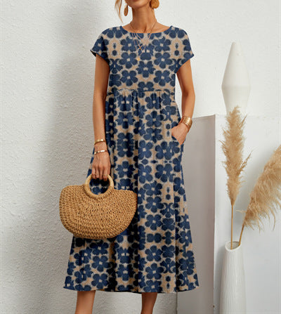 Women's Printed Cotton Linen Maxi Dress Casual Loose Summer Dress