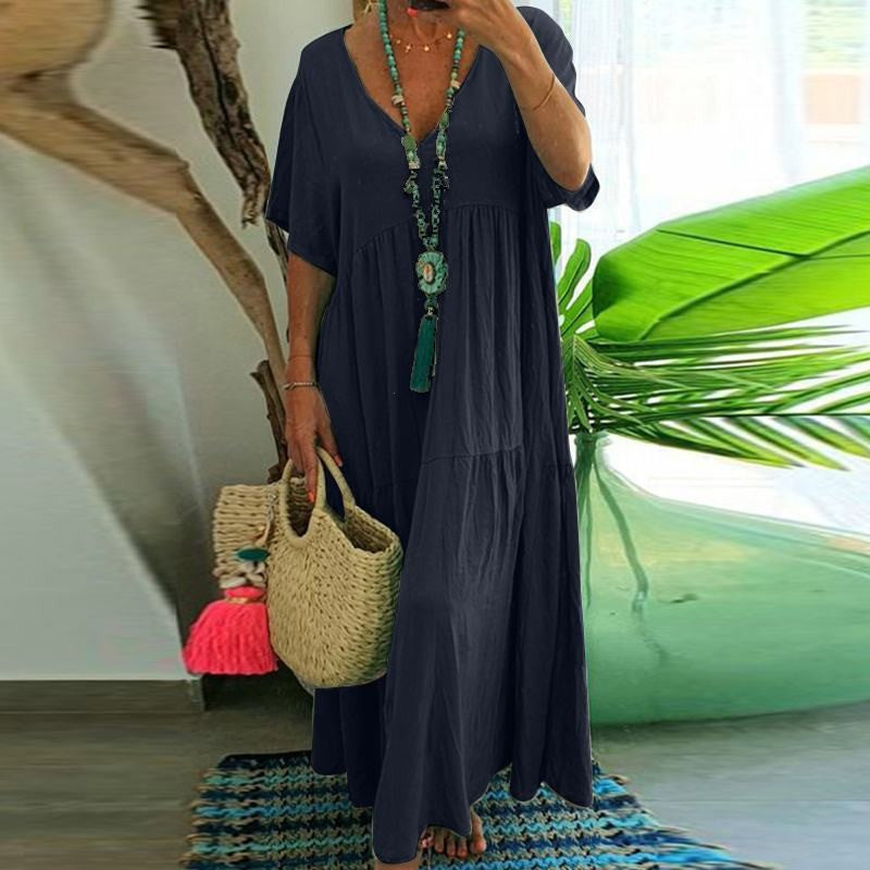 Women's Solid Color Loose V-Neck Short Sleeve Big Swing Maxi Dress Summer Casual Vacation Outfit Plus Size - Seldom Seen Styles