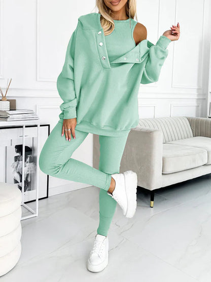 Women's Three Piece Lounge Set Hooded Sweatshirt Tank Top and Leggings Matching Tracksuit Casual Athleisure Outfit