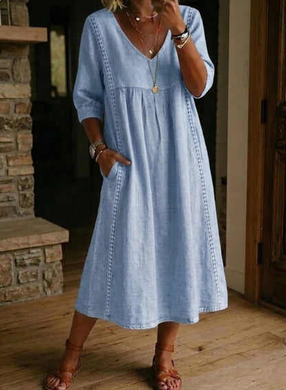 Women's V-Neck Lace Trim Linen Cotton Dress Loose Casual Summer Beach Vacation Dress