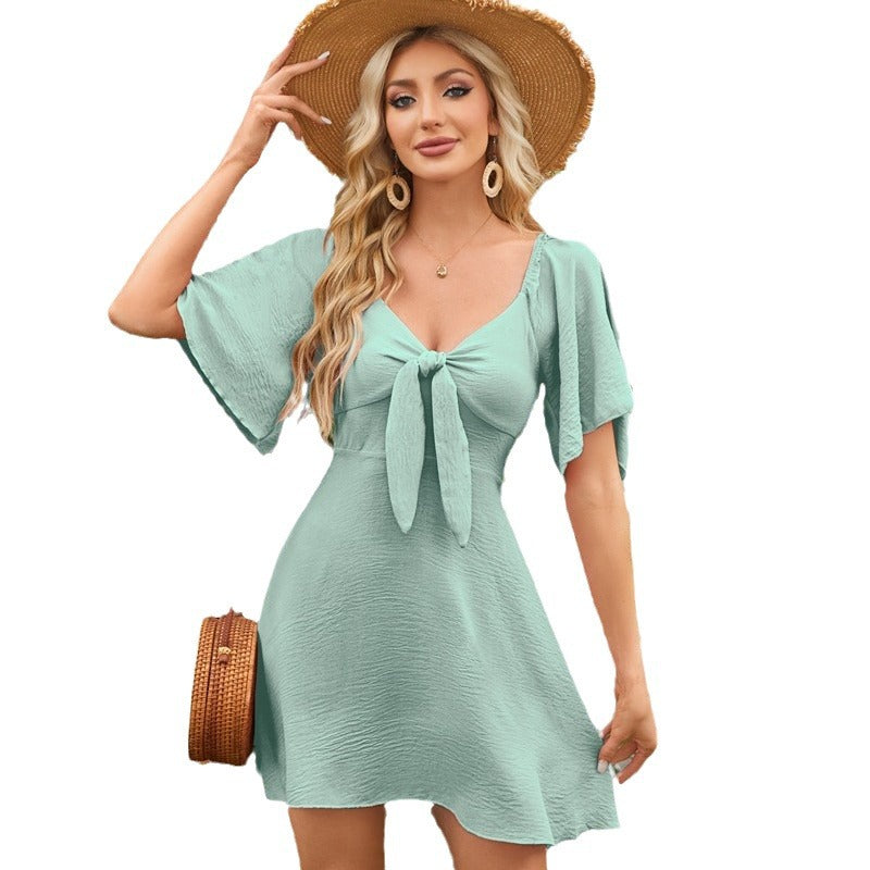 Women's V Neck Mini Dress Flutter Sleeve Tie Front Summer Dress - Seldom Seen Styles