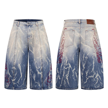Retro Embroidery Heavy Washed Loose Lantern Cropped Shorts Hip Hop Vintage American Street Trendy Casual Denim | Bloom Lantern