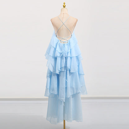 Dress women's autumn new fashion neck sleeveless design multi-layer ruffle edge suspender dress