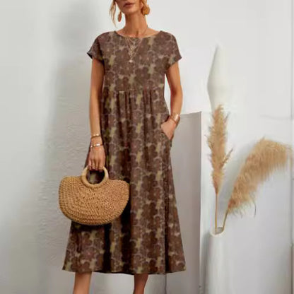 Women's Printed Cotton Linen Maxi Dress Casual Loose Summer Dress