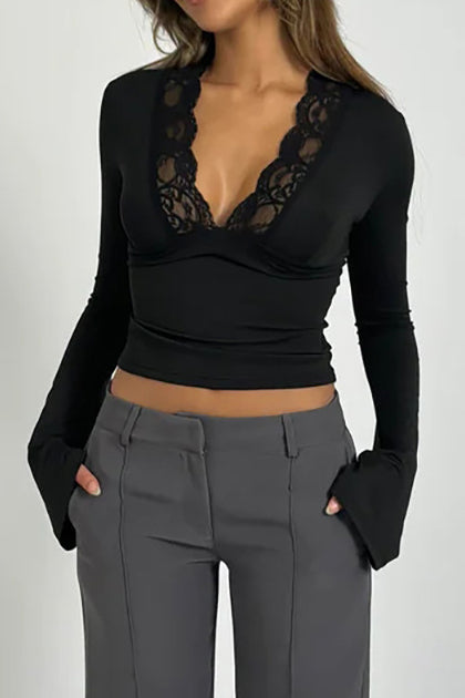 Lace Trimmed Deep V Flared Long Sleeved TopWomen's Lace Trim Deep V Neck Top Long Sleeve Slim Fit Flare Sleeve Blouse - Seldom Seen Styles