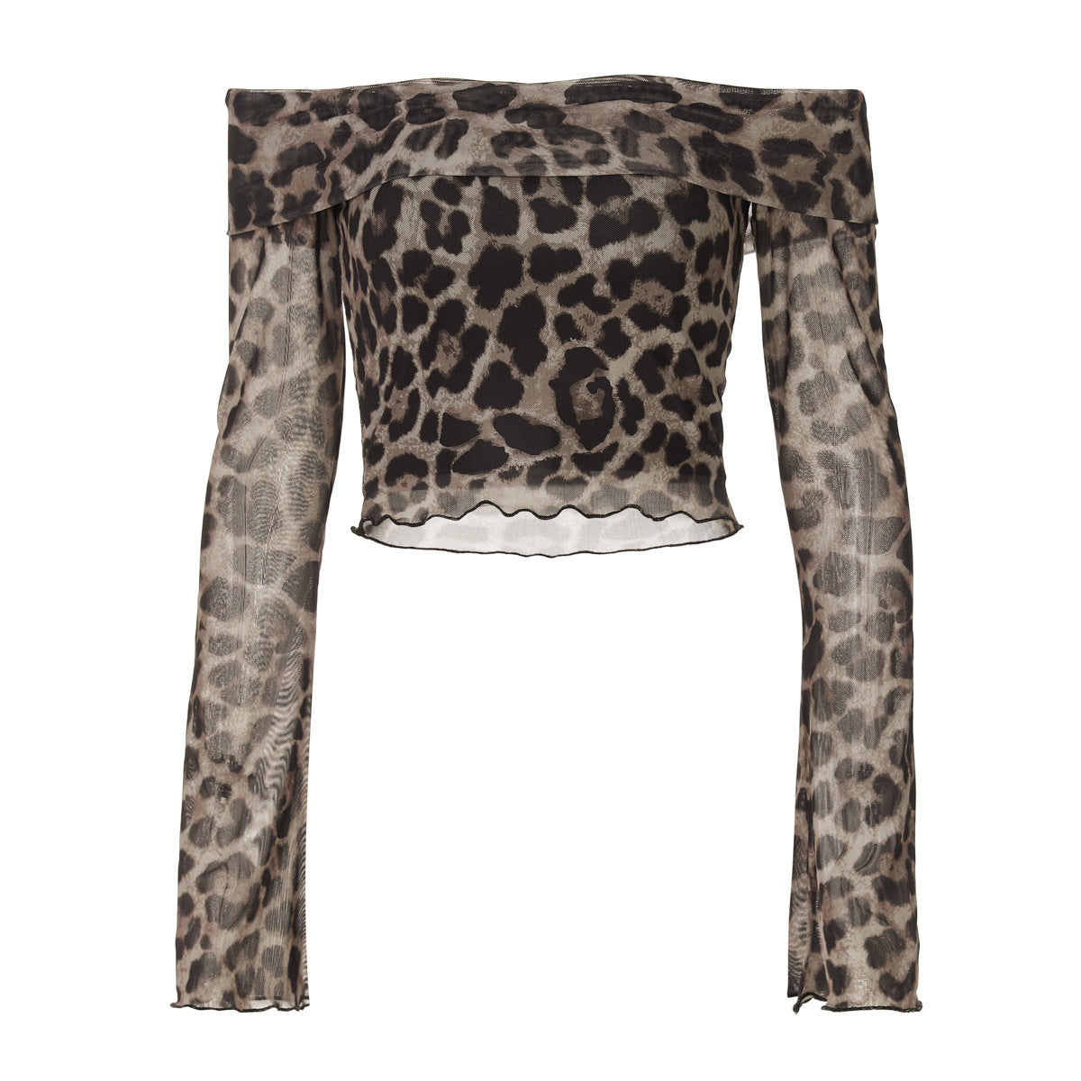 Women's summer sexy one-word shoulder long-sleeved off-the-navel leopard print top sexy hottie bottoming shirt - Seldom Seen Styles