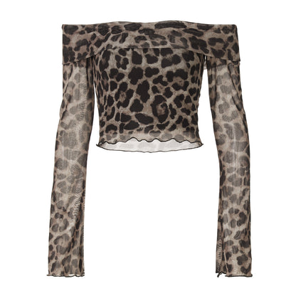 Women's summer sexy one-word shoulder long-sleeved off-the-navel leopard print top sexy hottie bottoming shirt